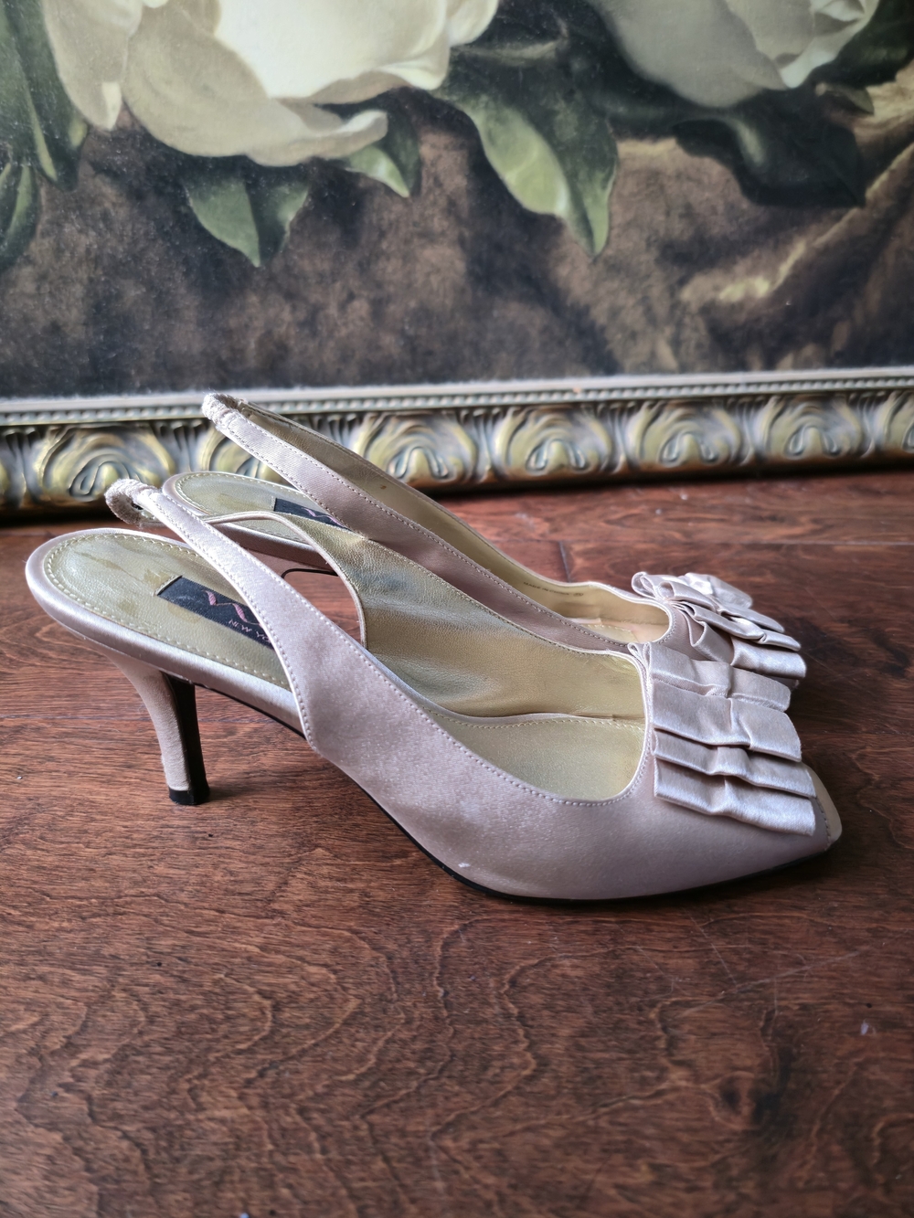 Nina Blush Gold Slingback Heels with Bow Accents
